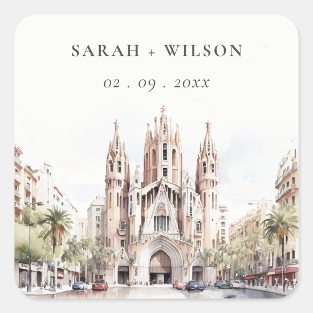 Kathedrale von Barcelona Spanien Wasserfarbenhochz Quadratischer Aufkleber (Vorderseite)