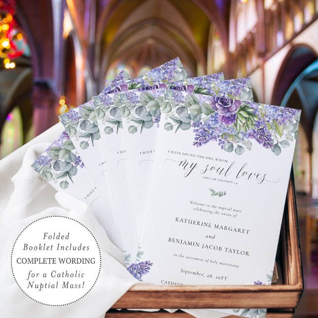 Katherine Lavender Programme de masse Mariage cath (Elegant folded Catholic wedding program for full nuptial mass with purple succulents and greenery)