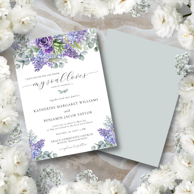 Katherine Lila Floral Christlich Faith Wedding Einladung (Katherine Christian wedding invitation with purple succulents and eucalyptus greenery.)