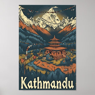 Kathmandu Nepal Vintag Art Travel Illustration Poster