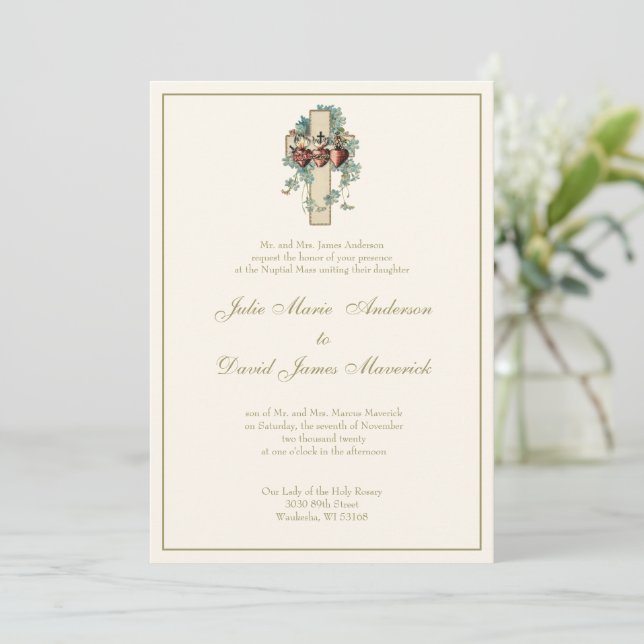 Katholik Jesus Mary Joseph Floral Wedding Einladung (Stehend Vorderseite)