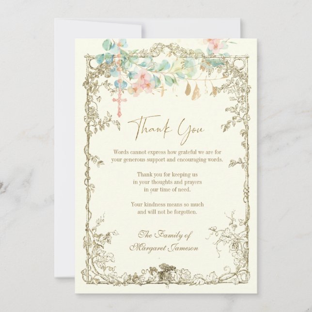 Katholische Beerdigungsdenkmal Rosary Floral Dankeskarte (Vorderseite)