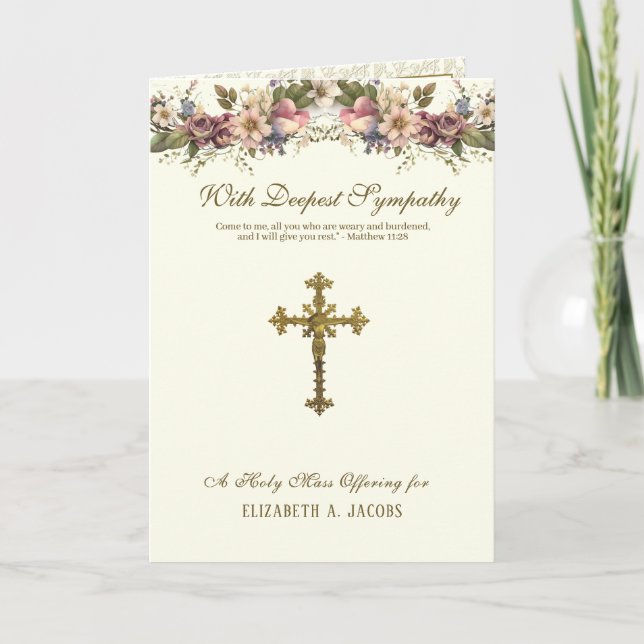 Katholische Beileid Masse bietet Crucifix floral Karte (Vorderseite)