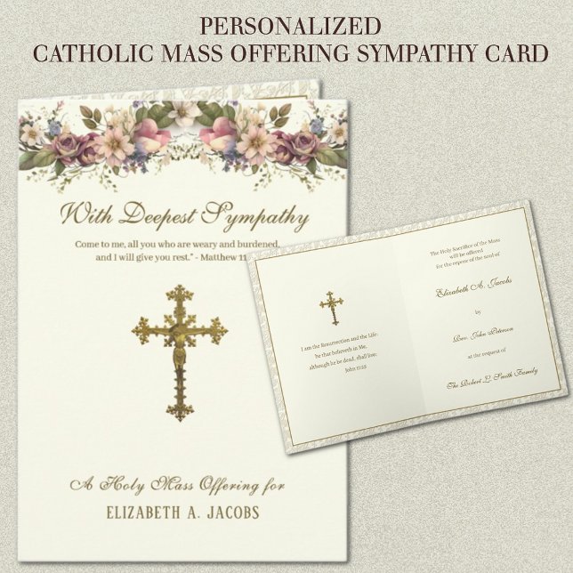 Katholische Beileid Masse bietet Crucifix floral Karte (TRADITIONAL CATHOLIC LATIN MASS OFFERING SYMPATHY FUNERAL CARDS)
