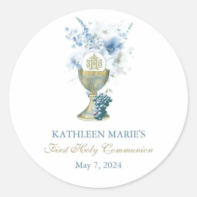 Katholische Blauflora Erste Kommune Eucharist Runder Aufkleber (Vorderseite)