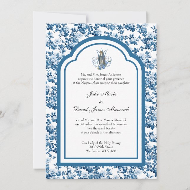 Katholische Blauflora Jungfrau Mary Wedding Einladung (Vorderseite)