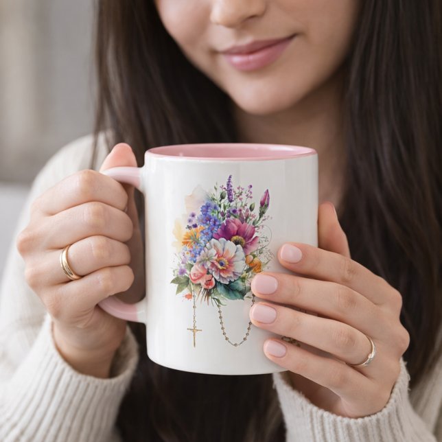 Katholische BlumenBouquet-Memorare Gebet Rosary Zweifarbige Tasse (Von Creator hochgeladen)