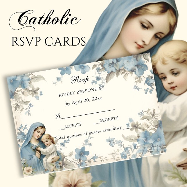 Katholische Blüte gesegnet Mary Blue Floral RSVP Karte (Von Creator hochgeladen)
