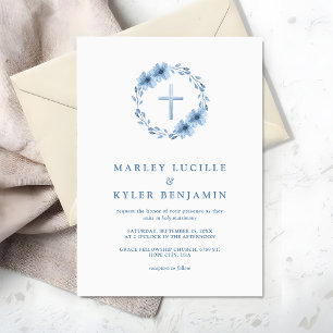 Katholische Christliche Dusty Blue Floral Cross Ho Einladung
