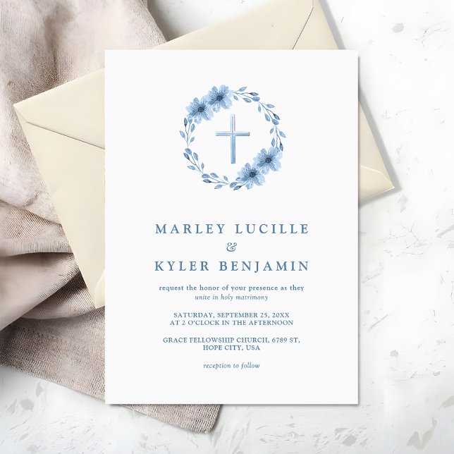 Katholische Christliche Dusty Blue Floral Cross Ho Einladung (Von Creator hochgeladen)