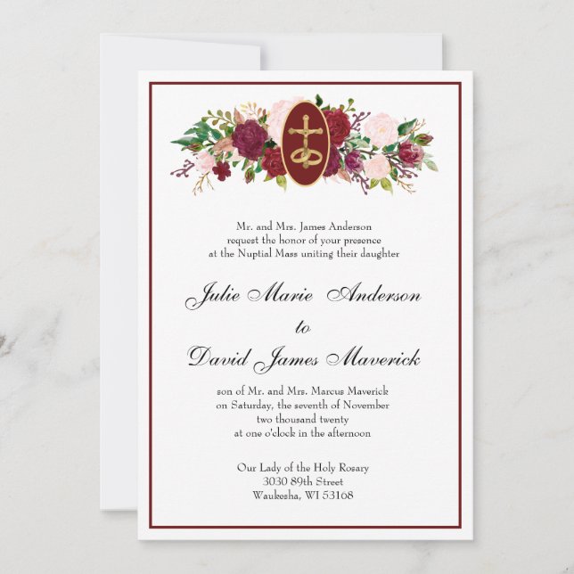 Katholische Elegante religiöse Rose Hochzeit Einladung (Vorderseite)
