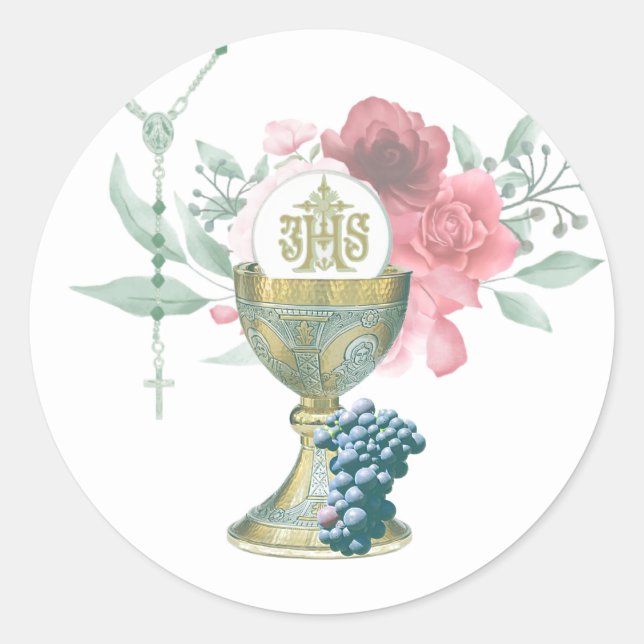 Katholische Erste Heilige Kommune Floral Rosary Runder Aufkleber (Vorderseite)