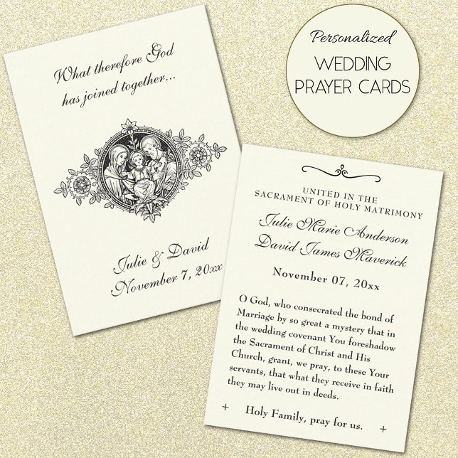 Katholische Gastgeschenk Hochzeit Heilige Familien Visitenkarte (Personalized Catholic Wedding Prayer Cards with line art image of the Holy Family)