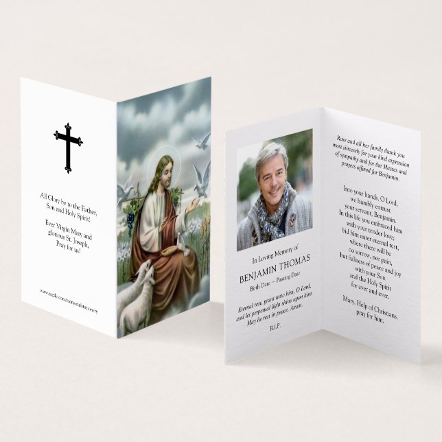 Katholische Gebetskarte | Jesus mit den Tauben (Innenseite und Außenseite)