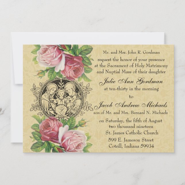 Katholische Heilige Familie Pink Roses Hochzeit Einladung (Vorderseite)