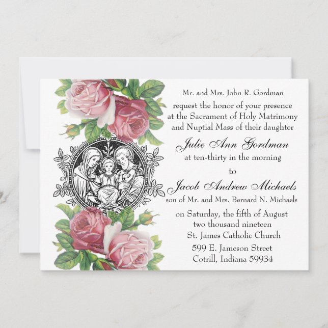 Katholische Heilige Familie Pink Roses Hochzeit Einladung (Vorderseite)