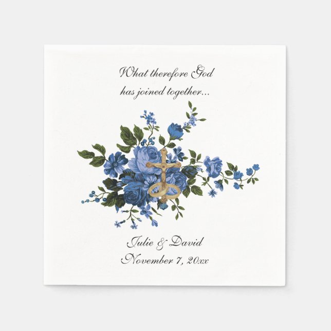 Katholische Hochzeit Blaue Blumen Gold Cross Elega Serviette (Vorderseite)