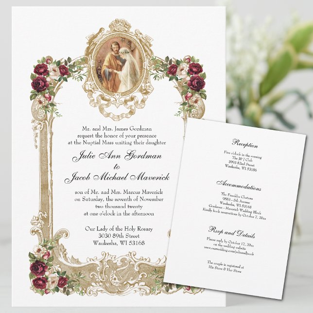 Katholische Hochzeit & Empfänge mit Blumen und Gol Einladung (Coordinating wedding prayer cards available in our shop. )