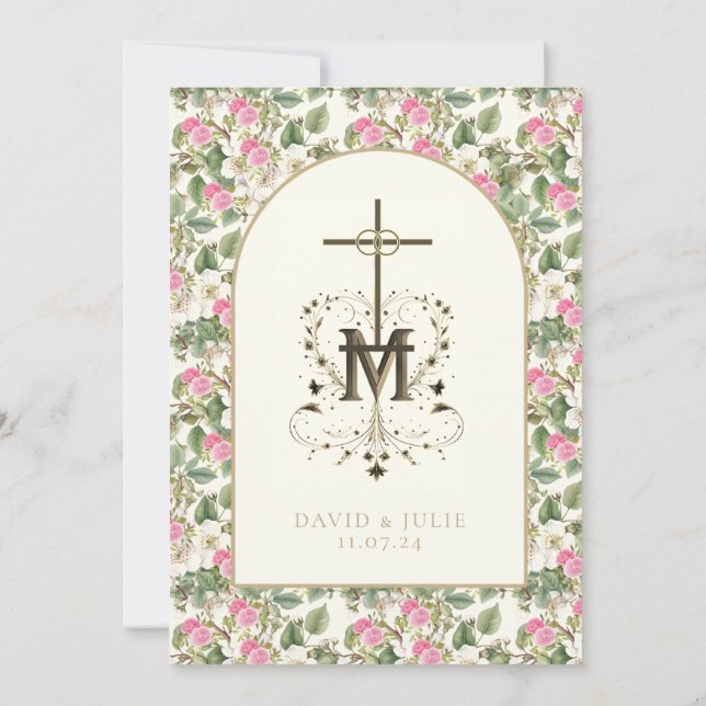Katholische Hochzeit in Rosa und Weiß Einladung (Rückseite)