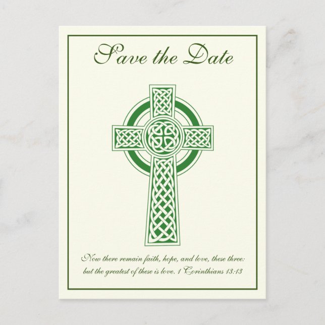 Katholische Hochzeit von Ivory Green Celtic Cross Ankündigungspostkarte (Vorderseite)