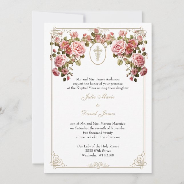 Katholische HochzeitGold-Kreuz-Rose Einladung (Vorderseite)