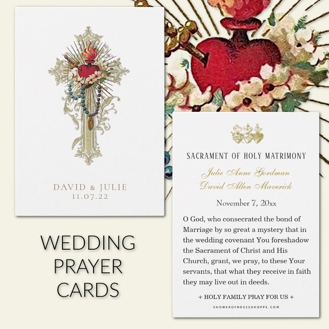 Katholische Hochzeitsstiftung Kreuz & Herz von Mar (Immaculate Heart of Mary with Gold Cross Catholic Wedding prayer cards)