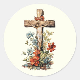 Katholische Jesus Crucifixe Blumenkreuz Runder Aufkleber