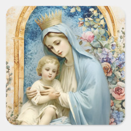 Katholische Jungfrau Mary Baby Jesus Floral Quadratischer Aufkleber