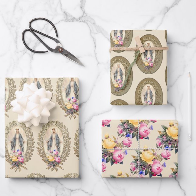 Katholische Jungfrau Mary Floral Religiöse Rose Geschenkpapier Set (Vorderseite)