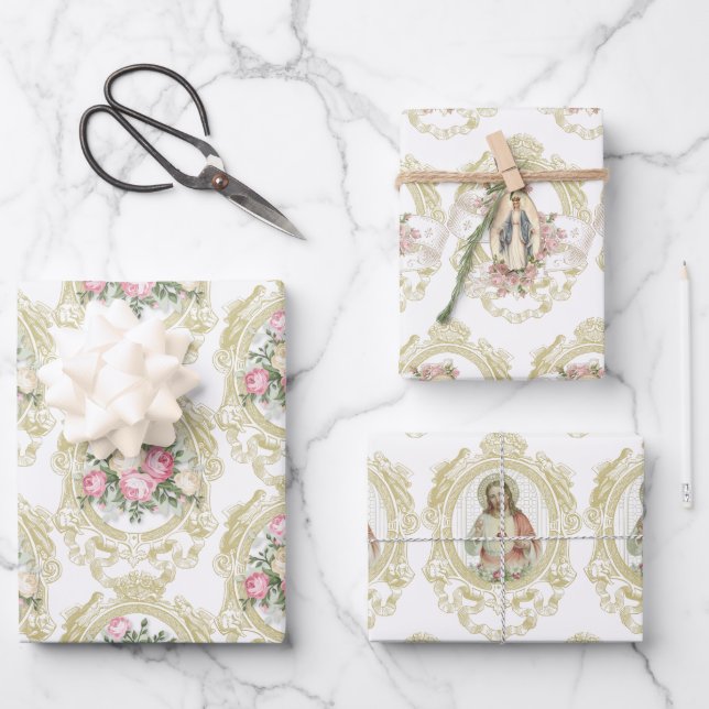 Katholische Jungfrau Mary Religious Jesus Bloral  Geschenkpapier Set (Vorderseite)