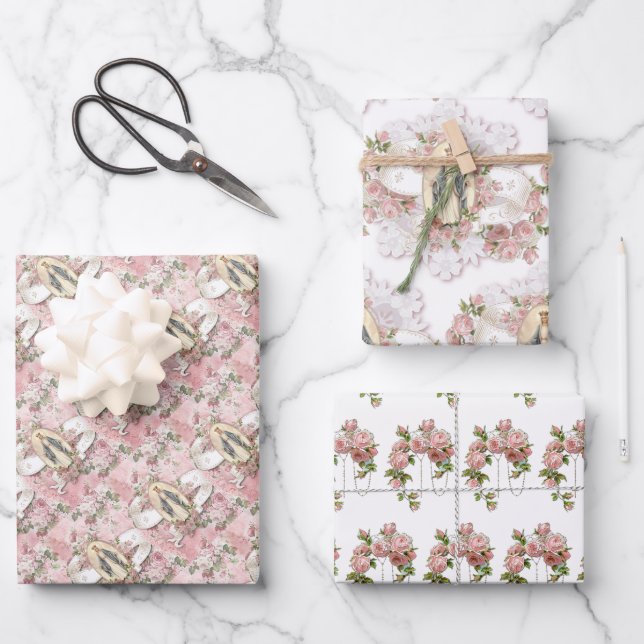 Katholische Jungfrau Mary Religious Pink Roses Wra Geschenkpapier Set (Vorderseite)