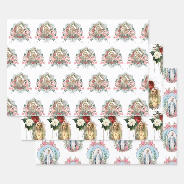 Katholische Jungfrau Mary Religious Rosary Floral  Geschenkpapier Set (Set)