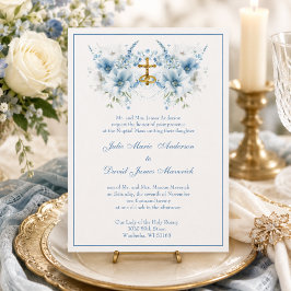 Katholische klassische blaue Flora Religiöse Hochz Einladung