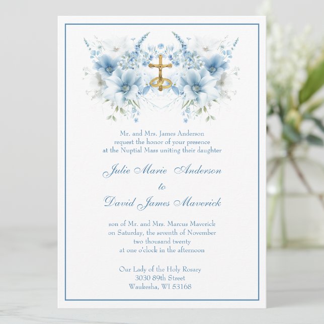 Katholische klassische blaue Flora Religiöse Hochz Einladung (Von Creator hochgeladen)