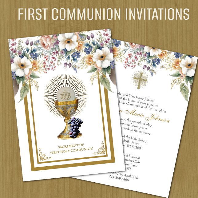 Katholische Kommune Floral Eucharist Einladung (Easy to personalize First Holy Communion Invitations)