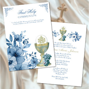 Katholische Kommunion Dusty Blue Floral Einladung