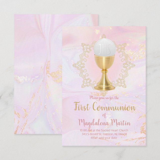 Katholische Mädchen erste Kommunion rosa Marmor Einladung (Vorne/Hinten)