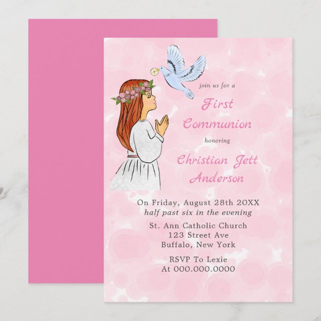 Katholische Mädchen mit Taube Erste Kommune Einladung (Vorne/Hinten)