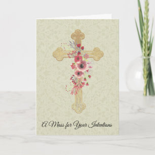 Katholische Messgedenkgabe Kreuz rosa Blumen Karte