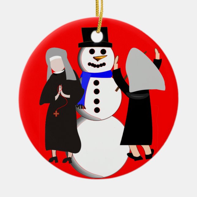 Katholische Nonnen und Schneemann Weihnachtsschmuc Keramikornament (Vorne)