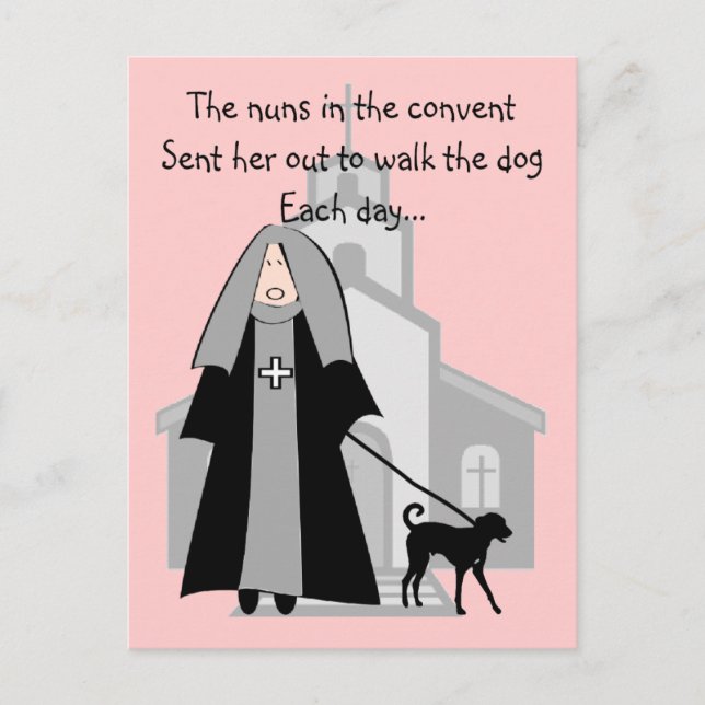 Katholische Nun Funny Cards "Walking the Dog" Postkarte (Vorderseite)