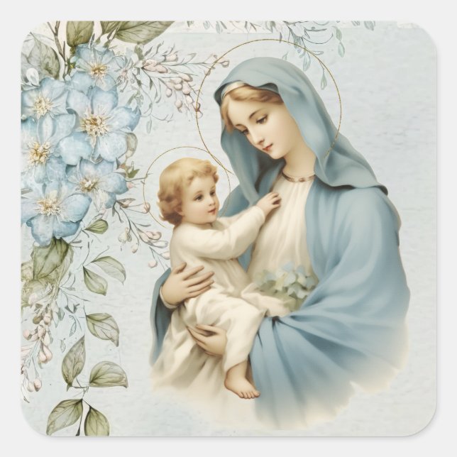 Katholische Religiöse Blüte Jesus Jungfrau Maria Quadratischer Aufkleber (Vorderseite)