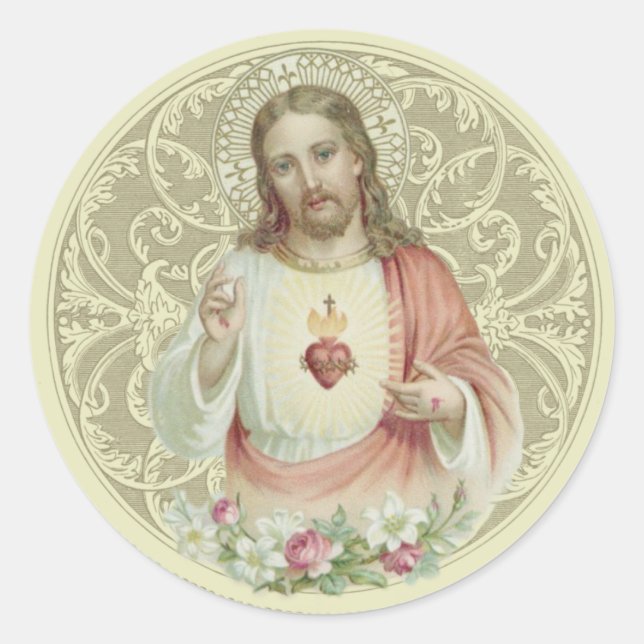 Katholische Religiöse Heilige Herzblüte Jesus Runder Aufkleber (Vorderseite)