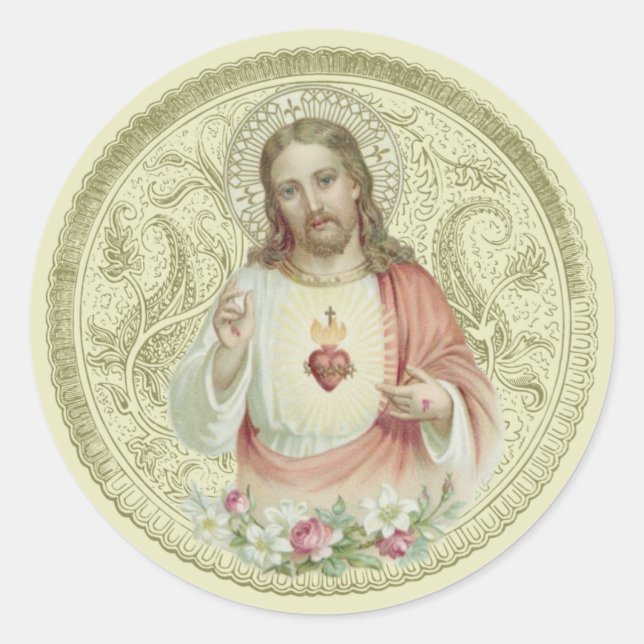 Katholische Religiöse Heilige Herzblüte Jesus Runder Aufkleber (Vorderseite)