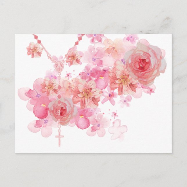 Katholische Rosary Pink Roses Religiöse Flora Postkarte (Vorderseite)