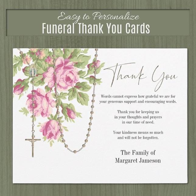 Katholische Rose Rosary Funerobdolence Beileid Dankeskarte (Traditional Catholic Holy Rosary Flat Floral Funeral Thank you Condolence Cards)