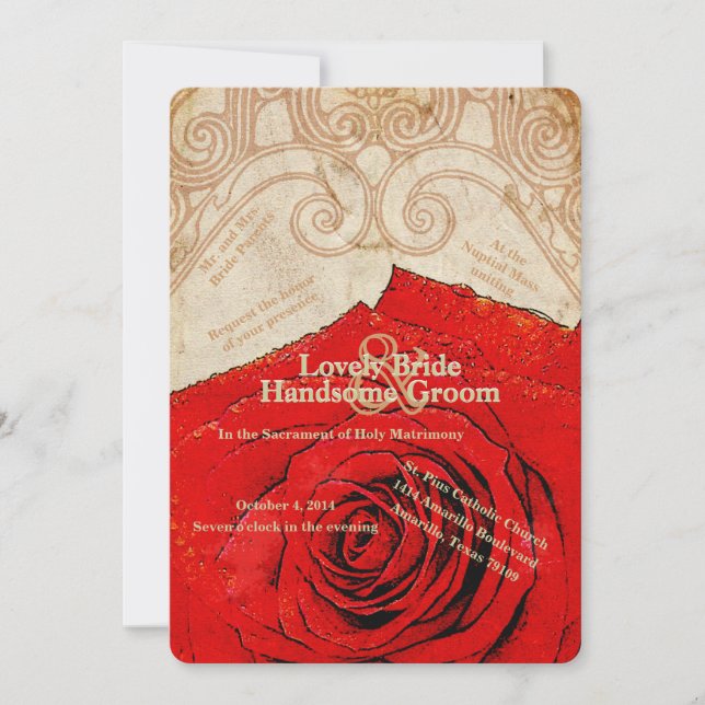 Katholische Rote Rose Vintage Hochzeit Einladung (Vorderseite)