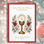 Katholische Rote Rosen der Eucharistin Feiertagskarte<br><div class="desc">Mit einem wunderschönen Vintage-Bild des Heiligen Eucharisten über einem goldenen Kreide mit rote Rosen geschmückt. Alle Texte können geändert werden.</div>