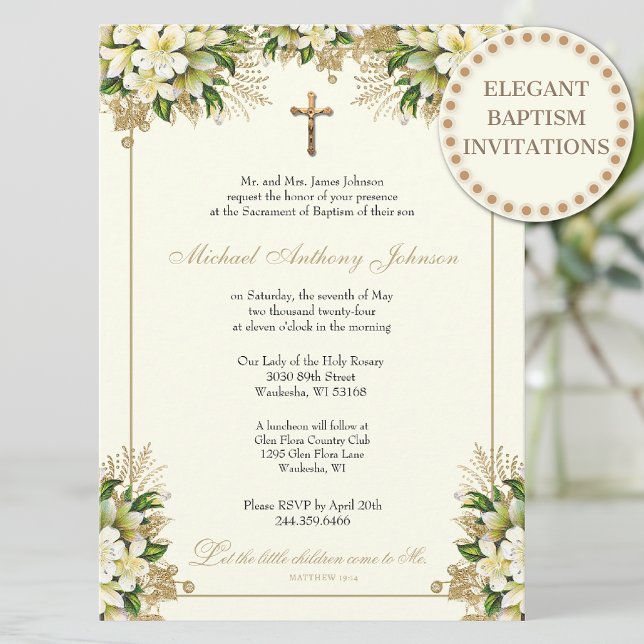 Katholische Taufe Christening Gold Floral Einladung (Von Creator hochgeladen)