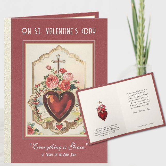 Katholische Valentine Rose St. Therese Herzkreuz Karte (BEAUTIFUL CATHOLIC VALENTINE WITH ST. THERESE QUOTES)